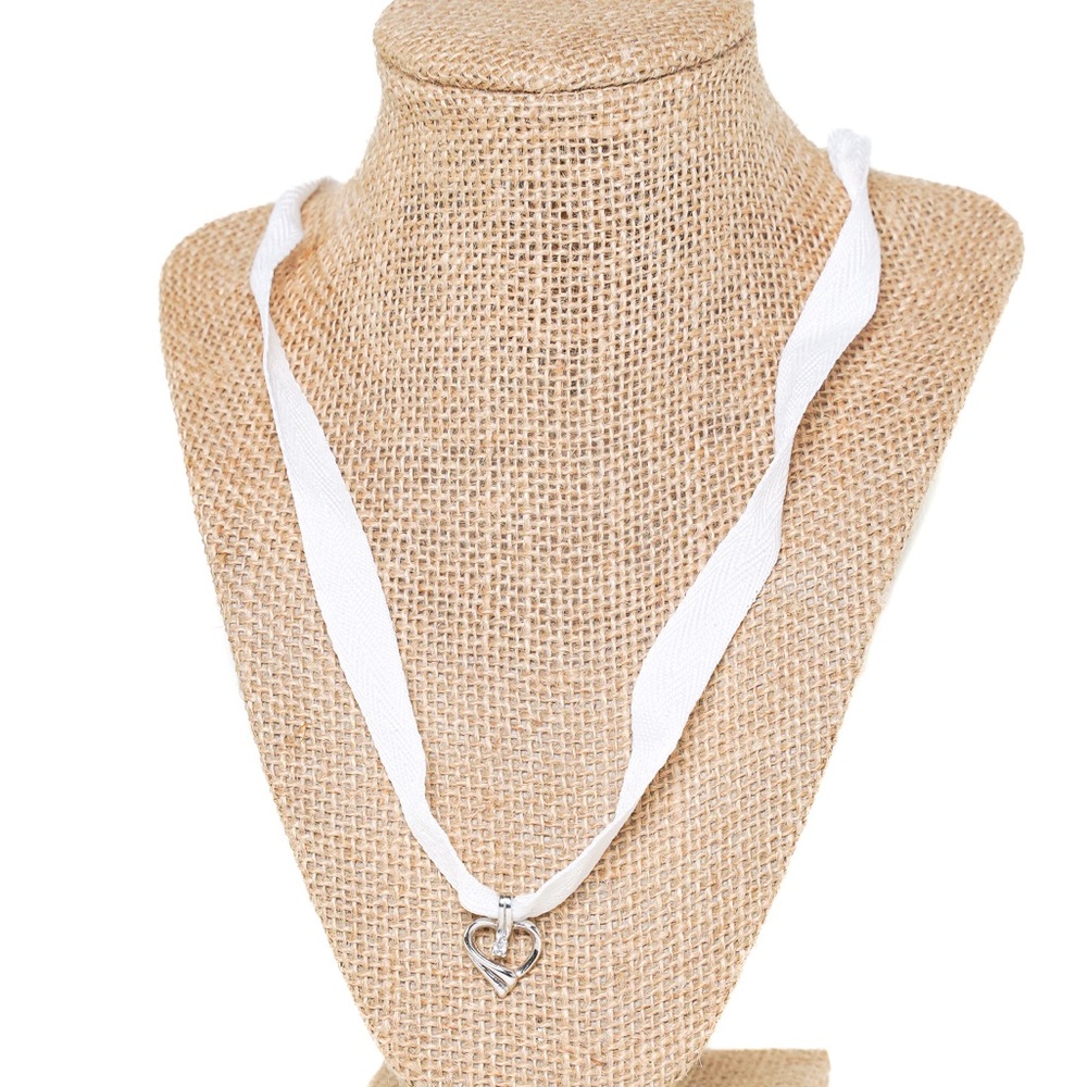 Heart Silver Pendant on Boho Fabric Ribbon